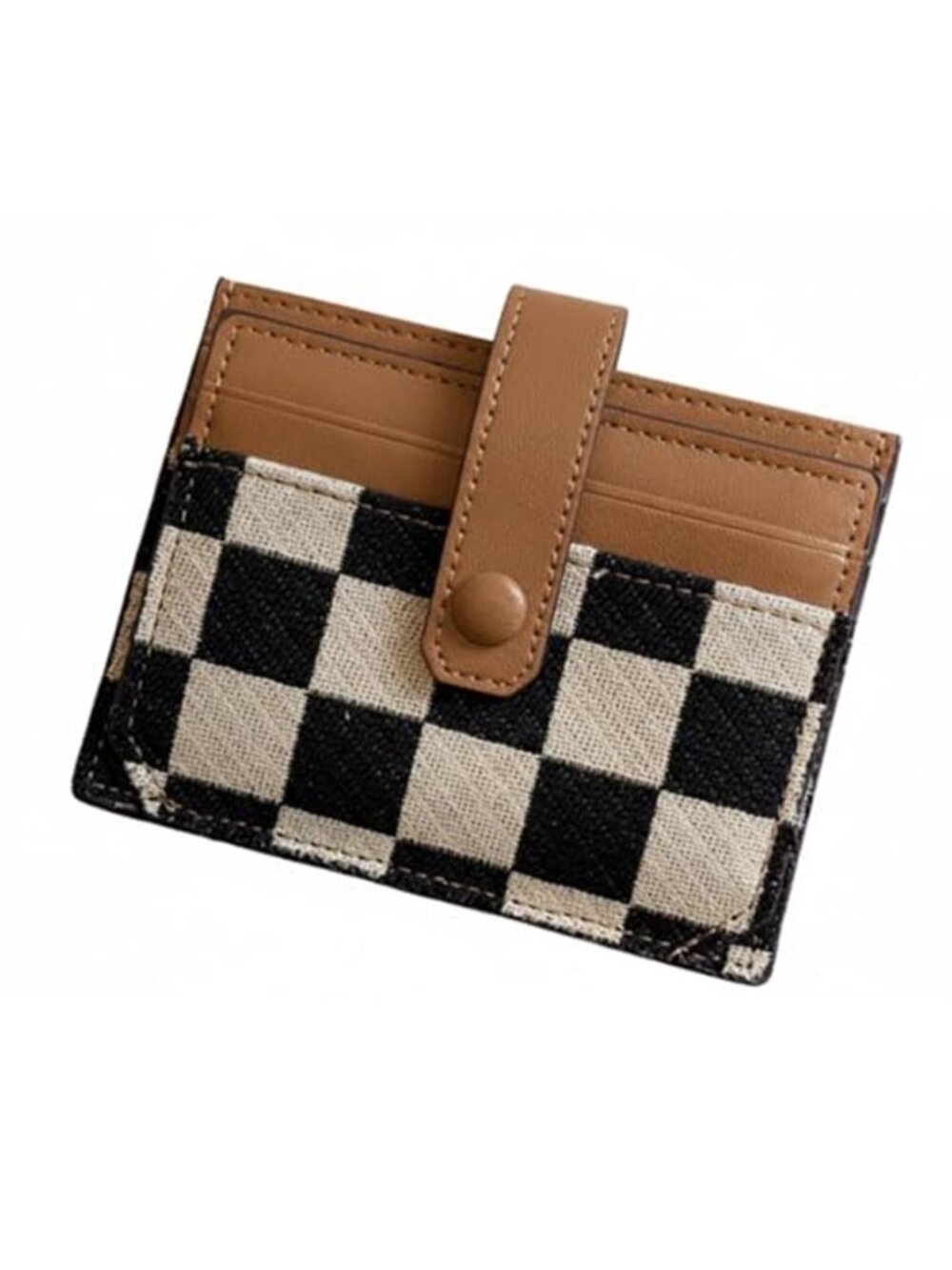 Brown Checkered Wallet Women Canvas Card Holder Slim Minimalist Wallet